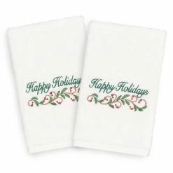 Linum Home Textiles Christmas 2-pack Happy Holidays Embroidered Luxury Turkish Cotton Hand Towels White