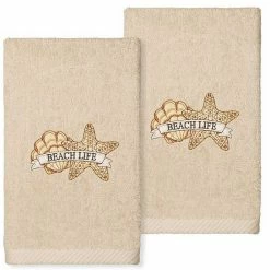 Linum Home Textiles Turkish Cotton Beach Life Embroidered 2-pack Hand Towel Set Sand