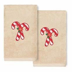 Linum Home Textiles Christmas 2-pack Candy Canes Embroidered Luxury Turkish Cotton Hand Towels Sand