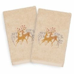 Linum Home Textiles Christmas 2-pack Deer Pair Embroidered Luxury Turkish Cotton Hand Towels Sand