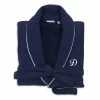 Linum Home Textiles Turkish Cotton Satin Piped Trim Waffle Terry Navy Bathrobe