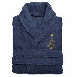Linum Home Textiles Turkish Cotton Herringbone Weave Embroidered Christmas Tree Bathrobe White