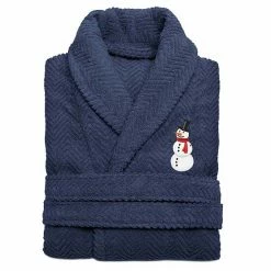 Linum Home Textiles Herringbone Weave Embroidered Snowman Bathrobe White