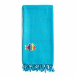Linum Home Textiles Turkish Cotton Summer Fun Sparkling Rainbow Fish Pestemal Beach Towel Turquoise