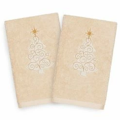 Linum Home Textiles 2-pack Christmas Scroll Tree Embroidered Hand Towel Set Sand
