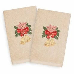 Linum Home Textiles Christmas 2-pack Bells Embroidered Luxury Turkish Cotton Hand Towels Sand