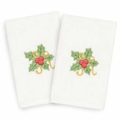 Linum Home Textiles Christmas 2-pack Holly Bunch Embroidered Luxury Turkish Cotton Hand Towels Sand