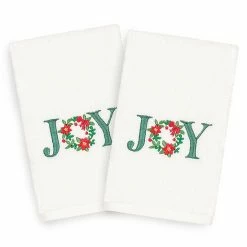 Linum Home Textiles Christmas 2-pack Joy Embroidered Luxury Turkish Cotton Hand Towels White