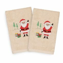 Linum Home Textiles 2-pack Christmas Santa Waving Embroidered Hand Towel Set Sand