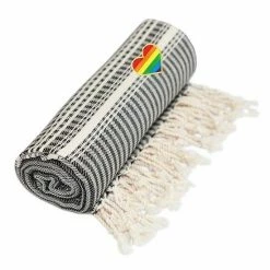 Linum Home Textiles Turkish Cotton Luxe Herringbone Cheerful Rainbow Heart Pestemal Beach Towel Beige