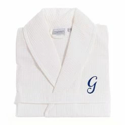 Linum Home Textiles Turkish Cotton Personalized Waffle Weave Bathrobe White Navy P