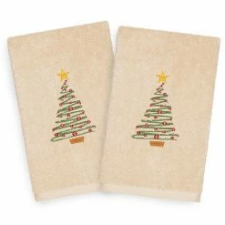 Linum Home Textiles Christmas 2-pack Tree Embroidered Luxury Turkish Cotton Hand Towels Sand
